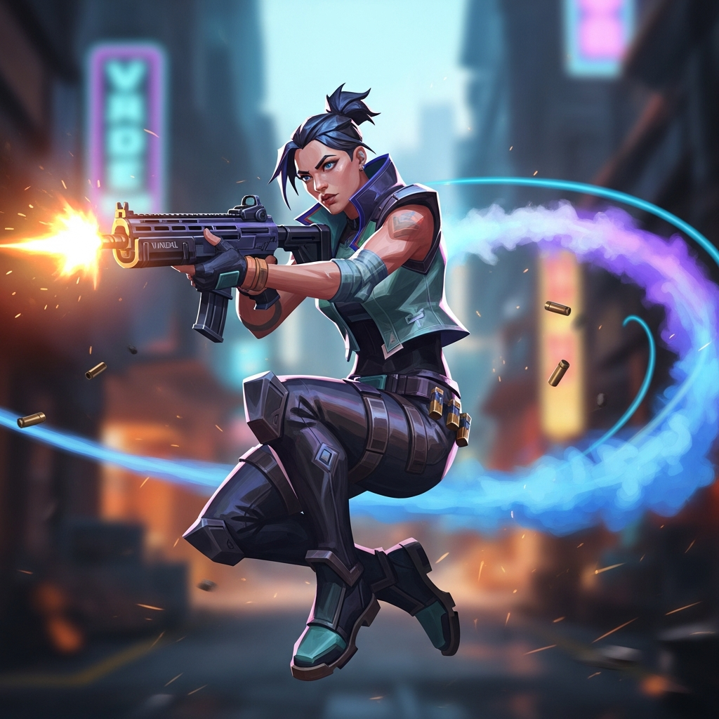 A dramatic, intense close-up of a Valorant agent mid-air during a 1v5 clutch, weapon firing, with dynamic neon smoke trails and aggressive tactical FPS art style.