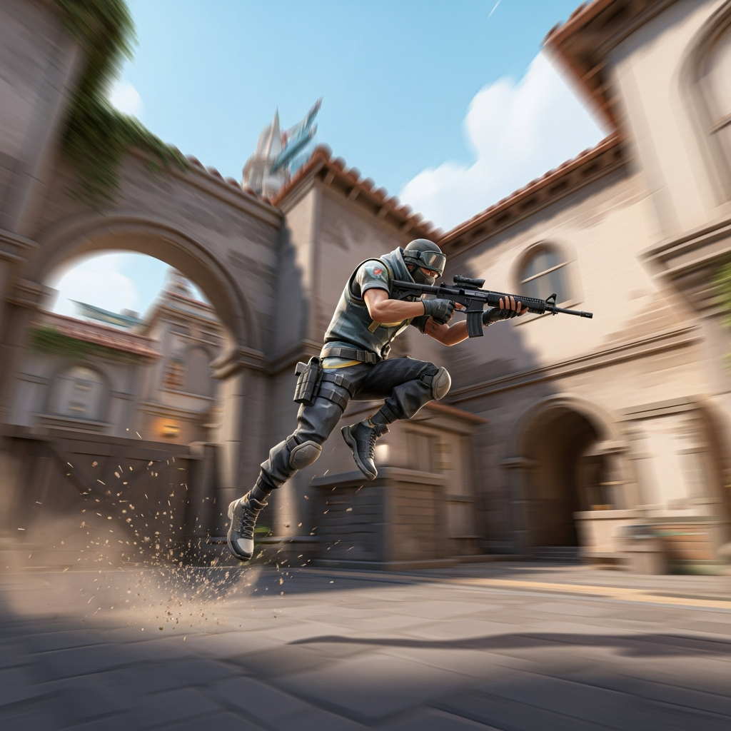 A motion-blurred, dynamic image of a Valorant player executing a perfect bunny hop sequence across a map like Ascent, showing rapid movement and maintaining weapon accuracy.