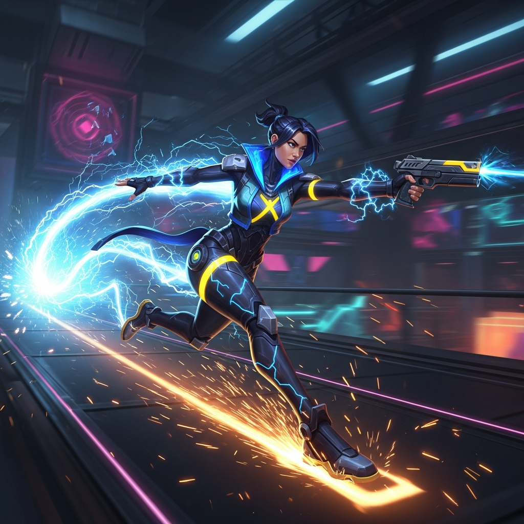 A futuristic Filipina duelist (Neon from Valorant) sliding at extreme speed, electricity sparking around her, ready to shoot in a dark sci-fi arena. Highly dynamic, 4K.