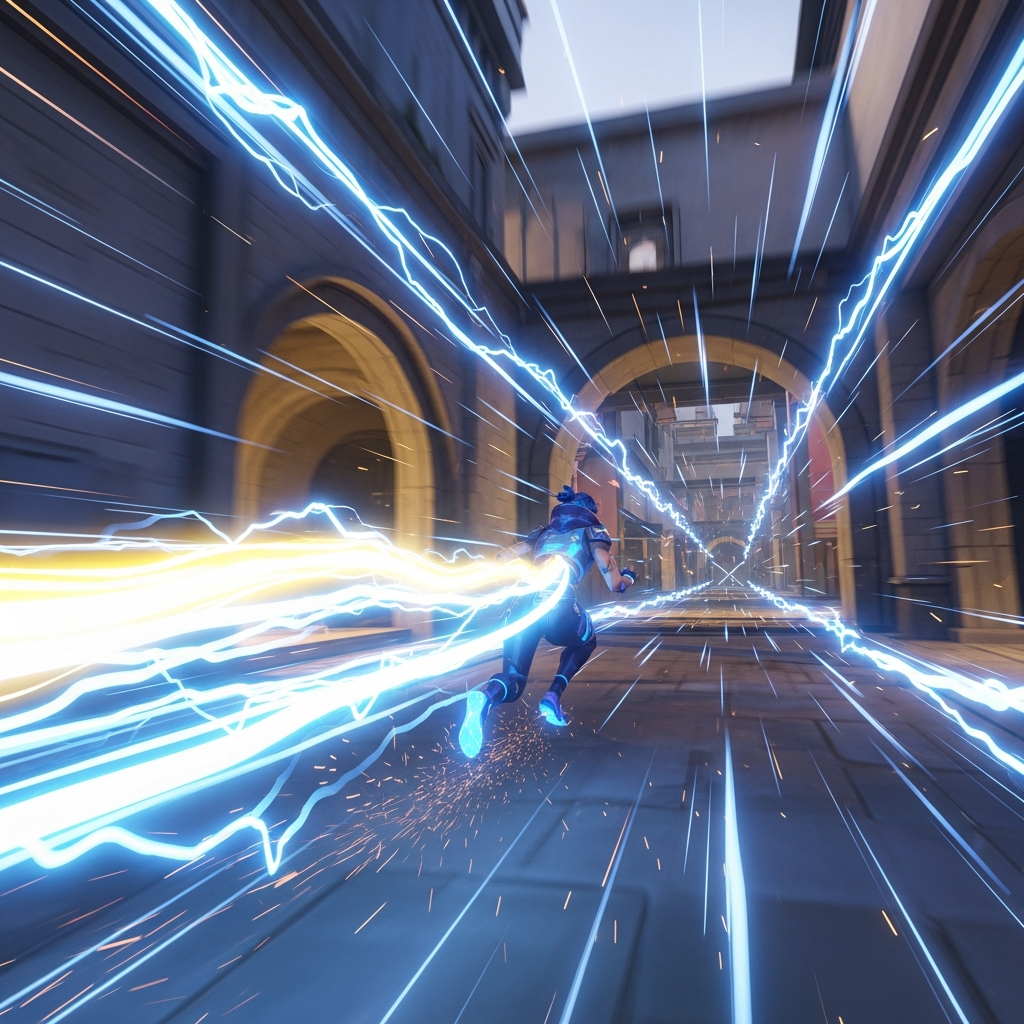 Highly detailed 3D render showing Valorant Neon using 'Fast Lane' ability, forming an electric tunnel on a map like Ascent, emphasizing high-speed movement blur and electric effects.