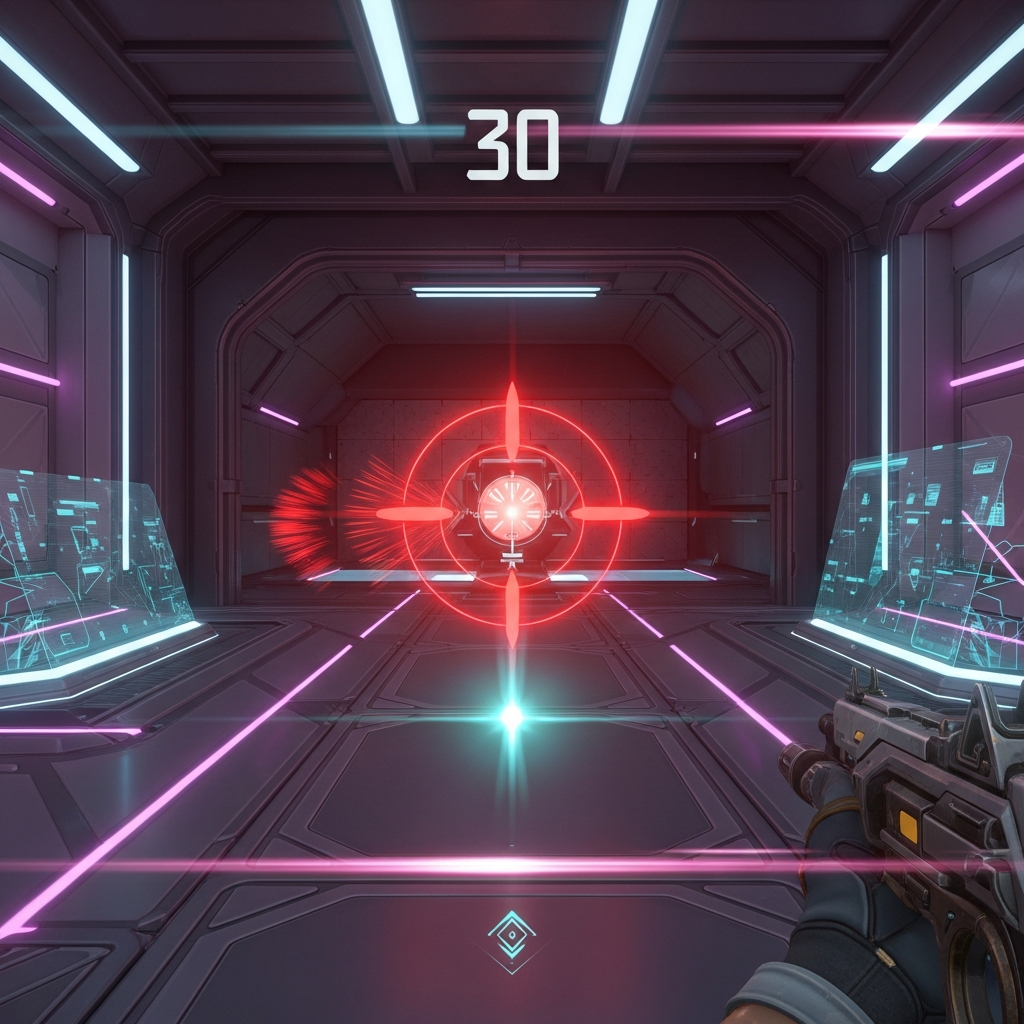 A futuristic, neon-lit Valorant training range scene. A player's crosshair perfectly centered on a red, rapidly moving target, achieving a high score of 30.
