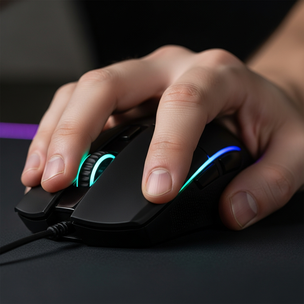 Close-up of a high-performance gaming mouse and a focused hand, illustrating the precise micro-adjustments needed to hit the demanding 'Hard 30' aim challenge in Valorant.