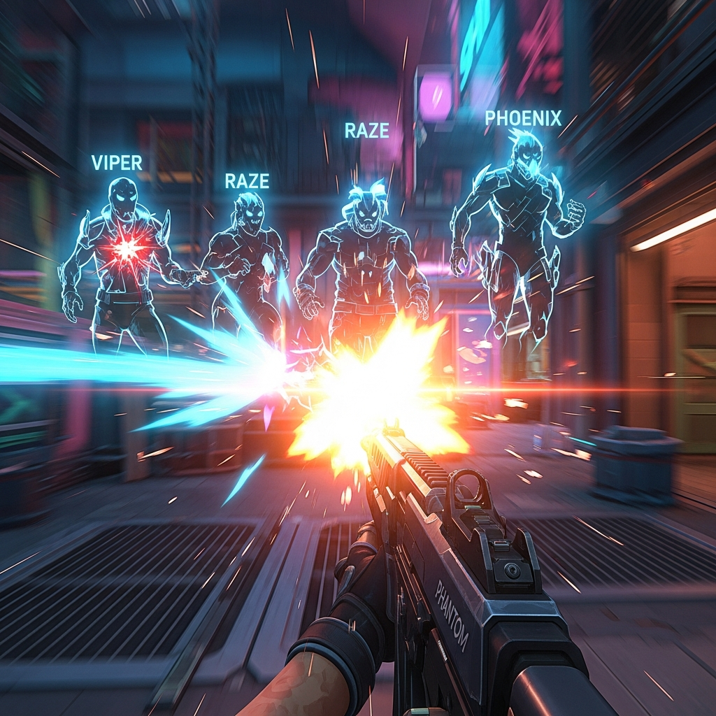 A stylized, fast-paced cinematic shot of a Valorant agent (Duelist) executing a multi-kill sequence, sharp focus on the weapon muzzle flash and enemy outlines. Neon lighting and abstract motion blur. FPS perspective.