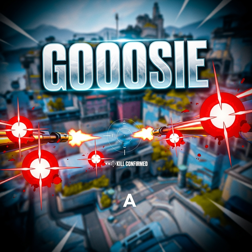 A dramatic Valorant montage thumbnail style. Player 'Goosie' text overlaying a blurred background of the Ascent map, showing rapid headshots and visual effects syncing with a dramatic beat drop. Highly saturated and high contrast.