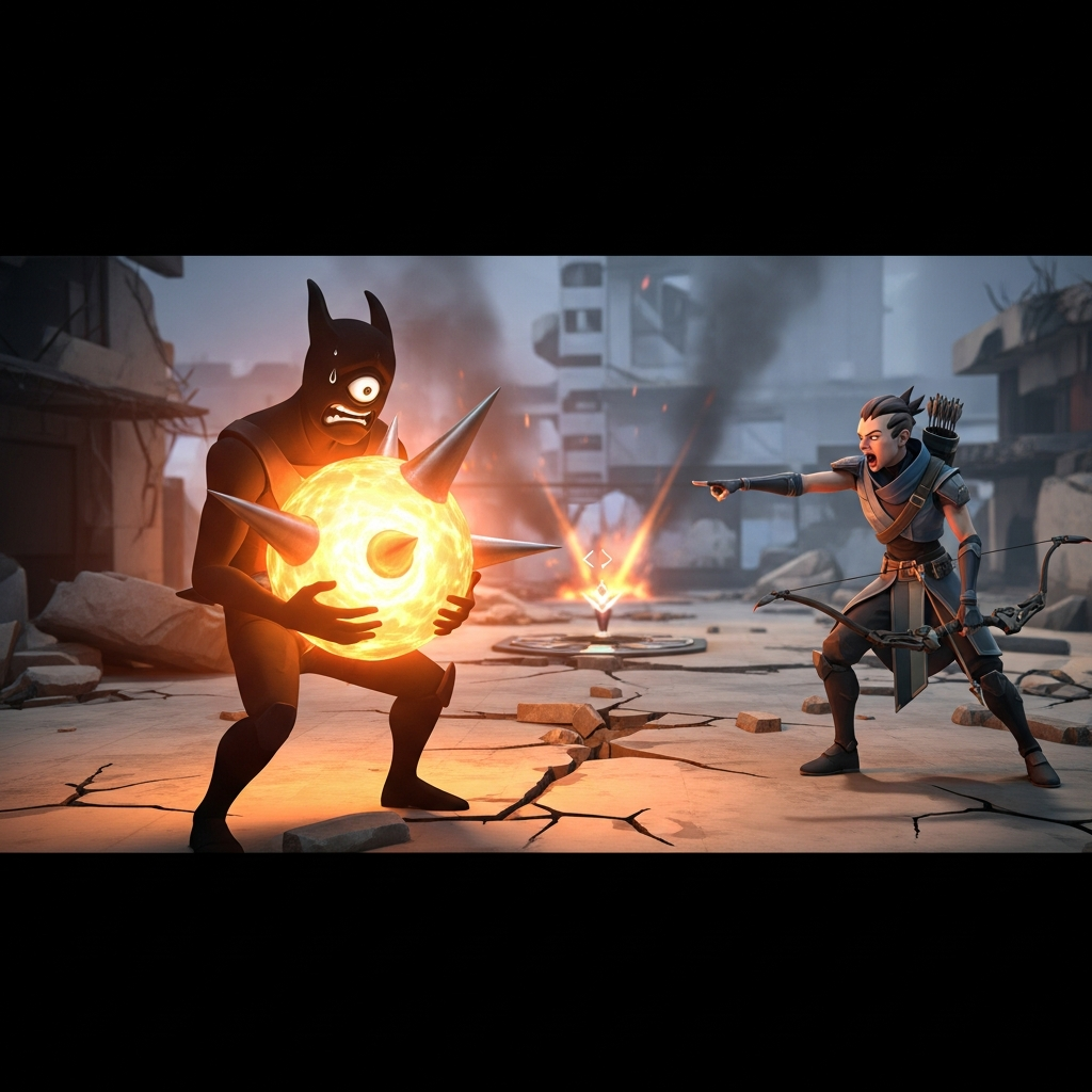 A visually comic, cinematic rendering of a stressed Omen (Controller agent) reluctantly holding a giant, glowing Spike while Sova (Initiator agent) aggressively gestures for him to move forward in a battle-torn Valorant map site.