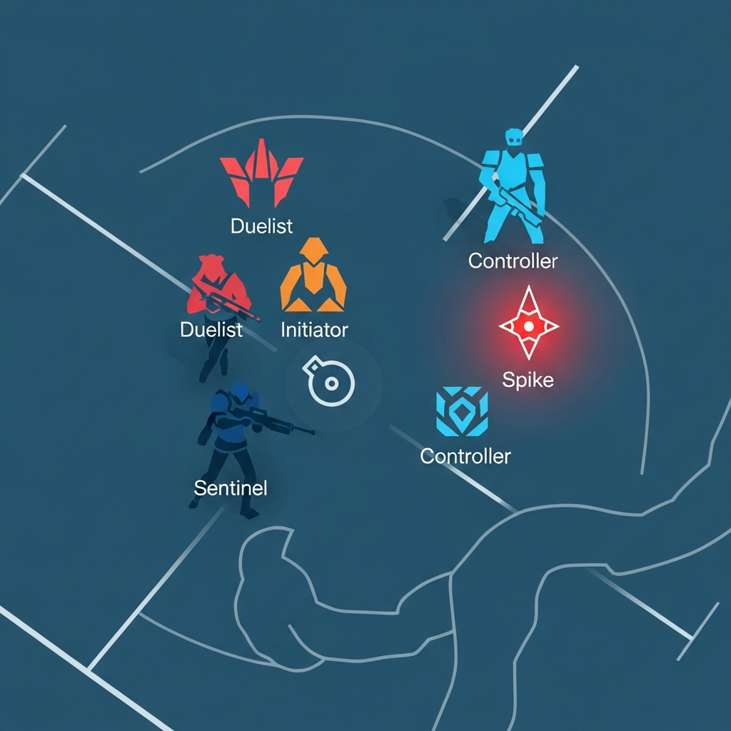 A minimalist, stylized graphic showing an overhead strategic map view of the four Valorant roles (Duelist, Initiator, Controller, Sentinel) during an attack phase. The Controller figure is clearly positioned at the back, but a highly visible, glowing Spike icon is right next to them.
