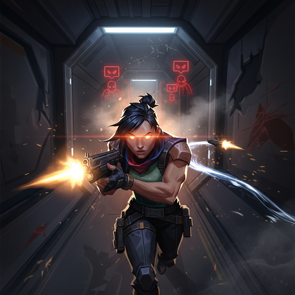 A dramatic, cinematic shot of a Valorant agent (like Reyna or Jett) executing a clutch in a shadowy, narrow corridor. The agent's eyes glow with intense focus, surrounded by enemy markers and muzzle flash, symbolizing the 'Tiger's Den.' Digital art style.