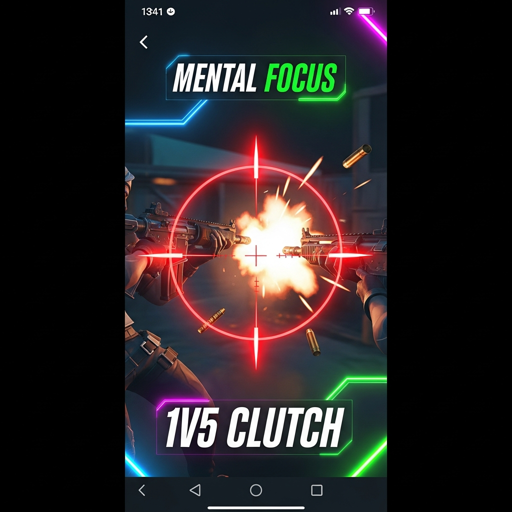 A vertical mobile screen interface showing a highly edited, action-packed Valorant short clip. The image should feature slow-motion gunfire, bright red highlight effects on the crosshair, and bold text overlays like '1v5 CLUTCH' and 'MENTAL FOCUS.' Neon gaming style.