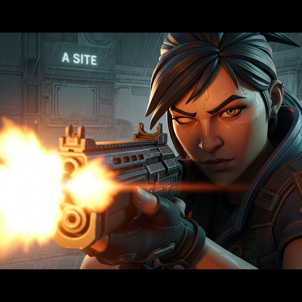 A Valorant Agent (Jett or Reyna) performing a dynamic clutch play, centered in a tense, high-contrast gaming environment. Extreme close-up on the character's focused eyes and muzzle flash, tactical FPS aesthetic.