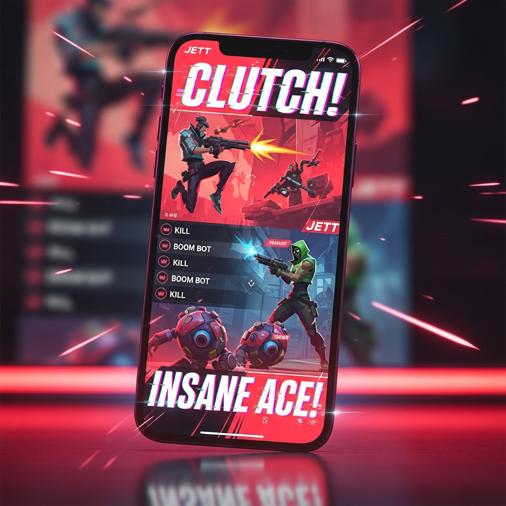 Conceptual image showing a vertically oriented smartphone screen displaying a hyper-edited, fast-paced Valorant gameplay highlight, symbolizing YouTube Shorts content, dramatic neon pink and red lighting, high energy and speed.