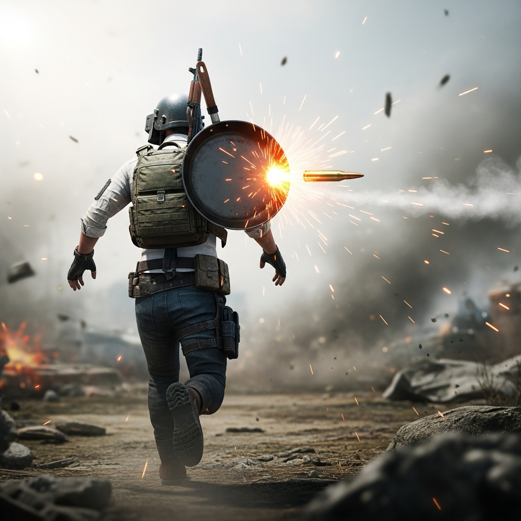 A photorealistic image of a PUBG character running away, viewed from the back. A bullet is visibly ricocheting off the frying pan attached to the character's back, generating bright orange sparks. Dramatic battlefield lighting. Unreal Engine 4 style.