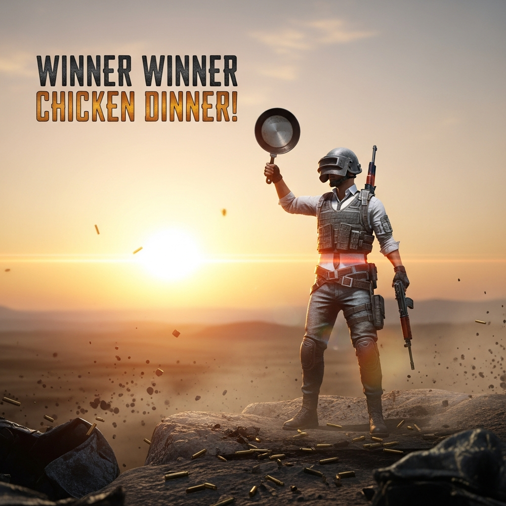 A triumphant PUBG player holding a frying pan high in the air, framed against a setting sun over an arid battleground, celebrating a 'Chicken Dinner' win. Cinematic and slightly humorous.