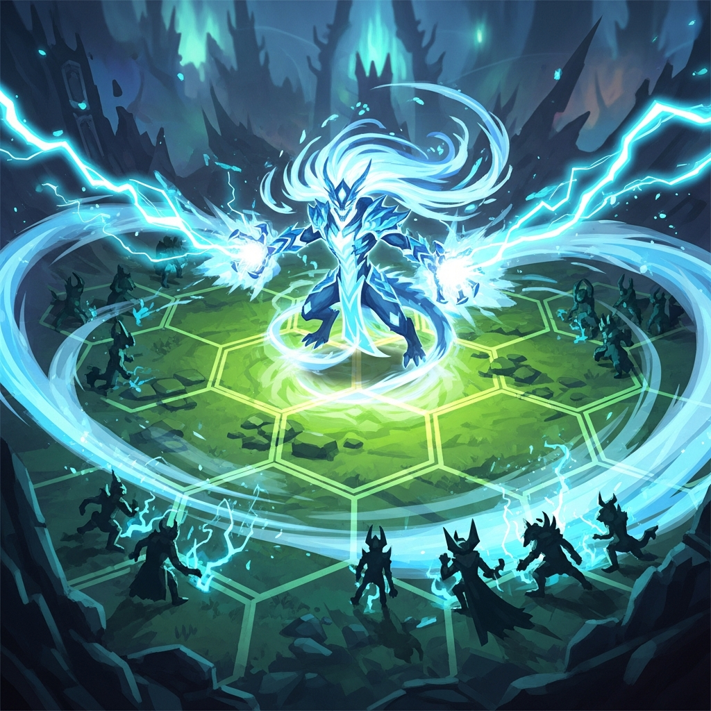 An epic, stylized illustration of a glowing 5-cost Teamfight Tactics (TFT) unit, resembling a powerful wind-themed dragon or sorcerer, unleashing a devastating, screen-clearing ultimate ability across the hexagonal battlefield. High contrast, digital painting style.