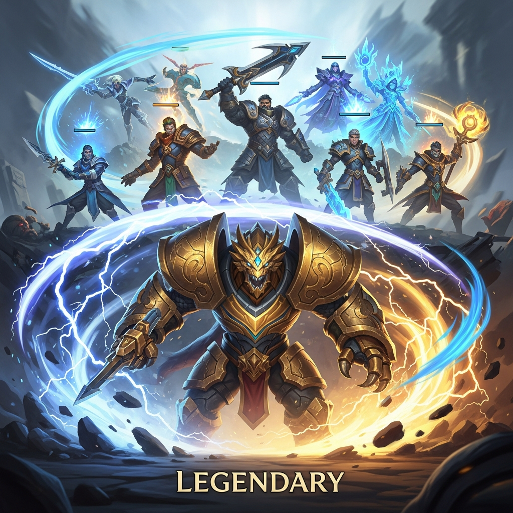 A cinematic action shot showing a highly synergized TFT team (represented by dynamic, powerful figures) standing victorious, while a central, golden-colored 'Legendary' unit dominates the foreground, surrounded by swirling energy effects symbolizing 'Cloud Drake' or 'Tempest' power. Auto battler game aesthetic.