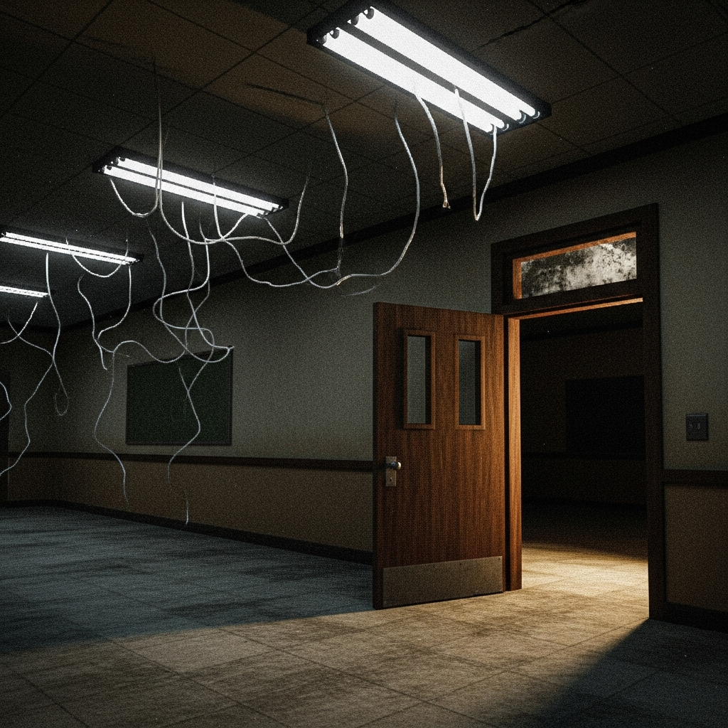 A low-resolution, grainy horror screenshot in the style of PS1 graphics. A dim, empty, dark school hallway with flickering fluorescent lights, focusing on a slightly ajar classroom door. Psychological horror atmosphere.