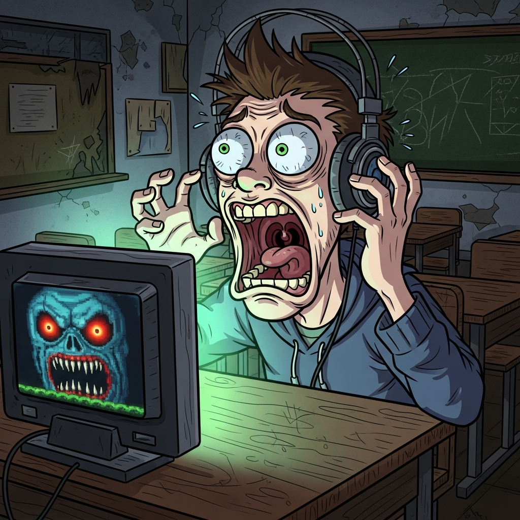 A stylized, exaggerated cartoon depiction of a male streamer with wide eyes and a shocked expression, reacting intensely to a sudden jumpscare on a low-fidelity computer screen, surrounded by dark classroom elements.