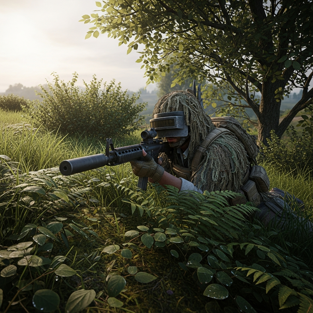 A highly realistic PUBG player hiding perfectly inside dense foliage on the Erangel map, aiming a suppressed rifle. Military simulation style.