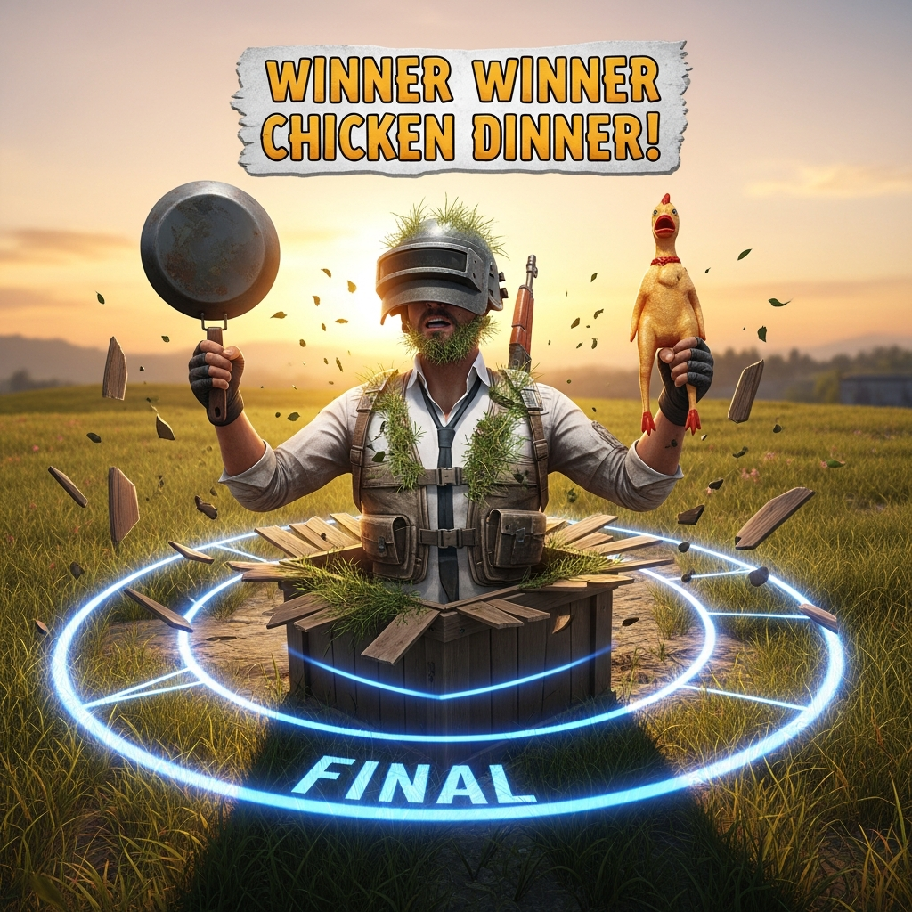 A triumphant and slightly absurd PUBG player celebrating 'Winner Winner Chicken Dinner' while emerging dramatically from a small wooden crate in the final circle.
