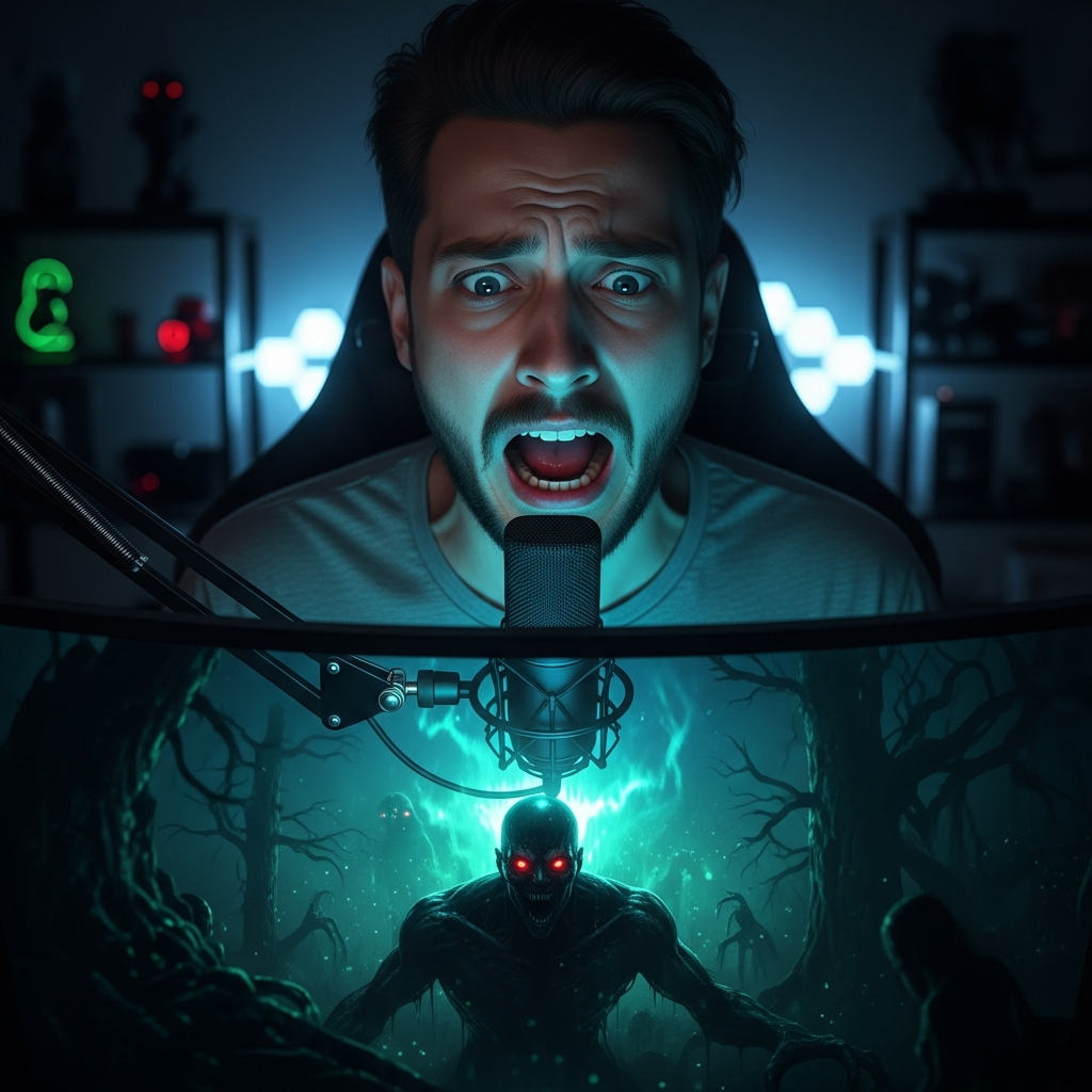 A male streamer with wide eyes and a look of absolute panic, shouting into his microphone in front of a dark horror game screen. Cinematic lighting, digital art.