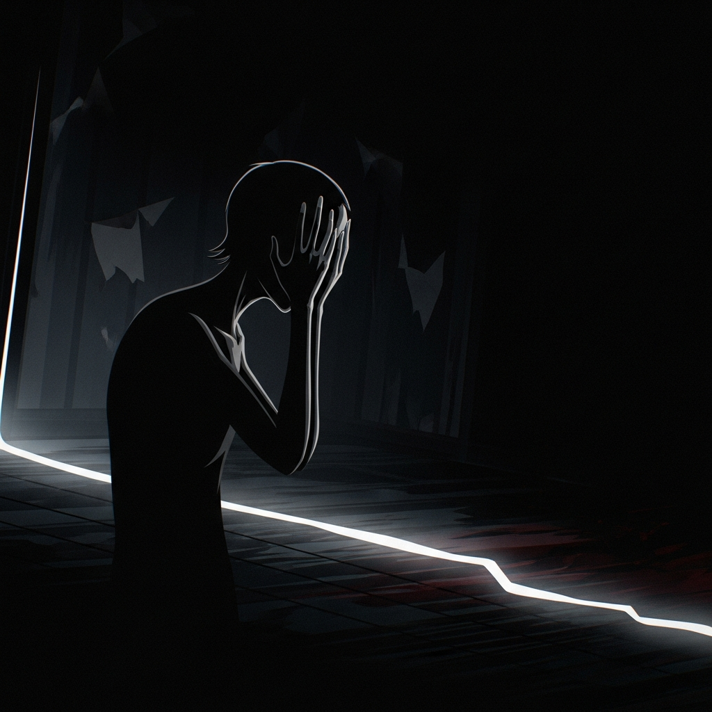 A chaotic, minimalist scene representing helplessness inside a haunted house video game, with hands covering the face of a silhouette, high tension, dark colors. DALL-E 3 style.