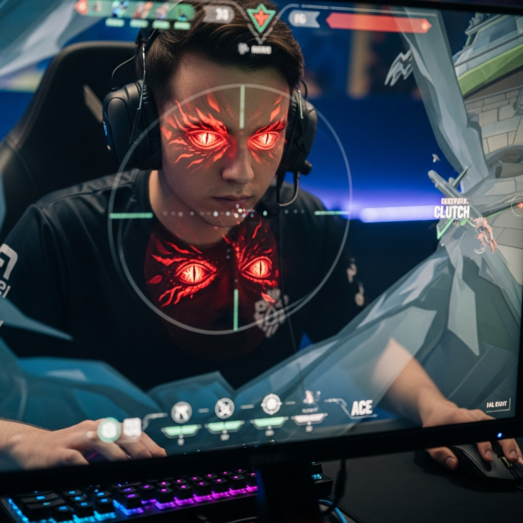 A professional Valorant player, intensely focused, with glowing red 'dragon eyes' reflecting on their gaming monitor during a clutch.