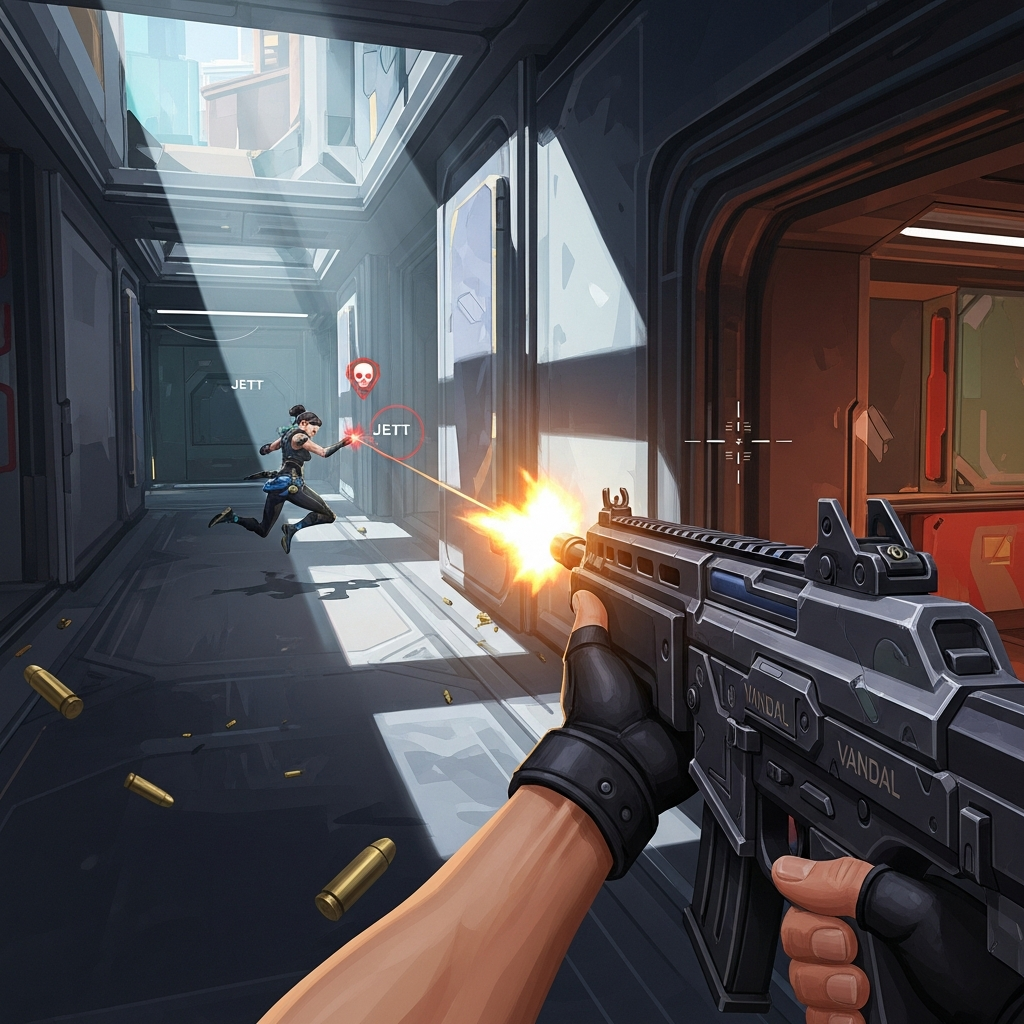 Dramatic digital painting of a Valorant agent making a game-winning clutch shot, dynamic action, hyper-detailed FPS perspective.