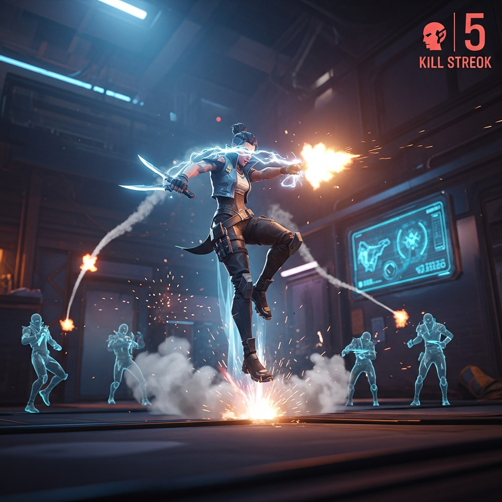 A dramatically lit, close-up scene from a Valorant match where a lone Agent (like Jett or Reyna) performs a 1v5 clutch. Intense muzzle flash, clear headshot kill streaks, and a background depicting a tense, neon-lit map. Cinematic style.