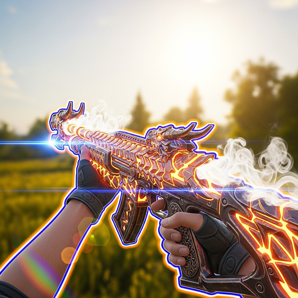 A stylized depiction of the 'Elderflame' or 'Cloud Dragon' themed Vandal skin held by a player, superimposed over a faded, sun-drenched background, evoking a nostalgic 'It was summer' memory. High-contrast, dynamic, gaming aesthetic.