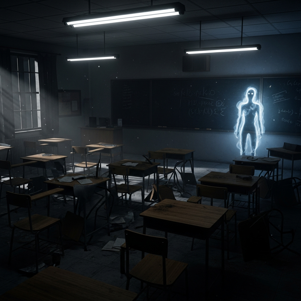 A dimly lit, abandoned high school classroom in a horror game, featuring overturned desks, flickering fluorescent lights, and a ghostly shadow lurking by the blackboard. High contrast, cinematic rendering.