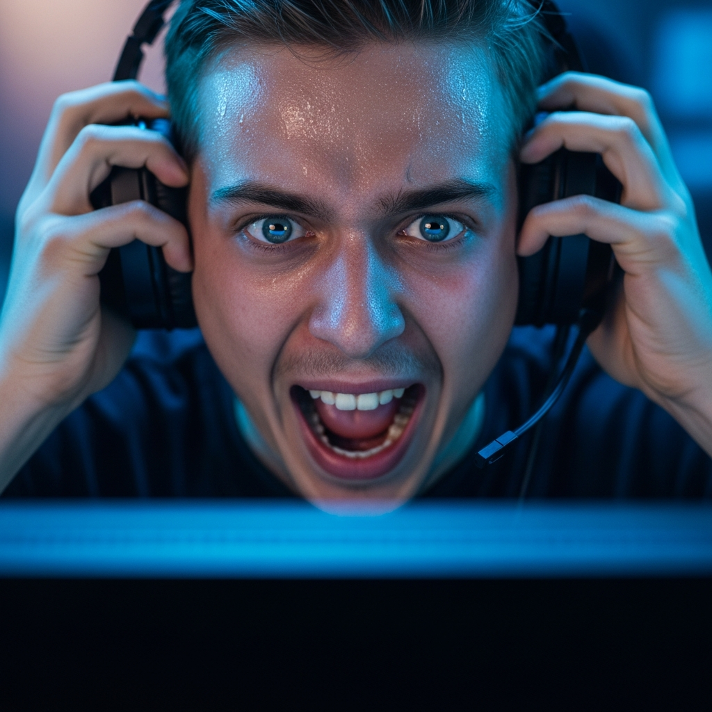 A close-up, dramatic reaction shot of a young streamer screaming while playing a terrifying game, clutching their headset. Their face is illuminated by the intense blue light of the monitor. Hyper-realistic and emotional.