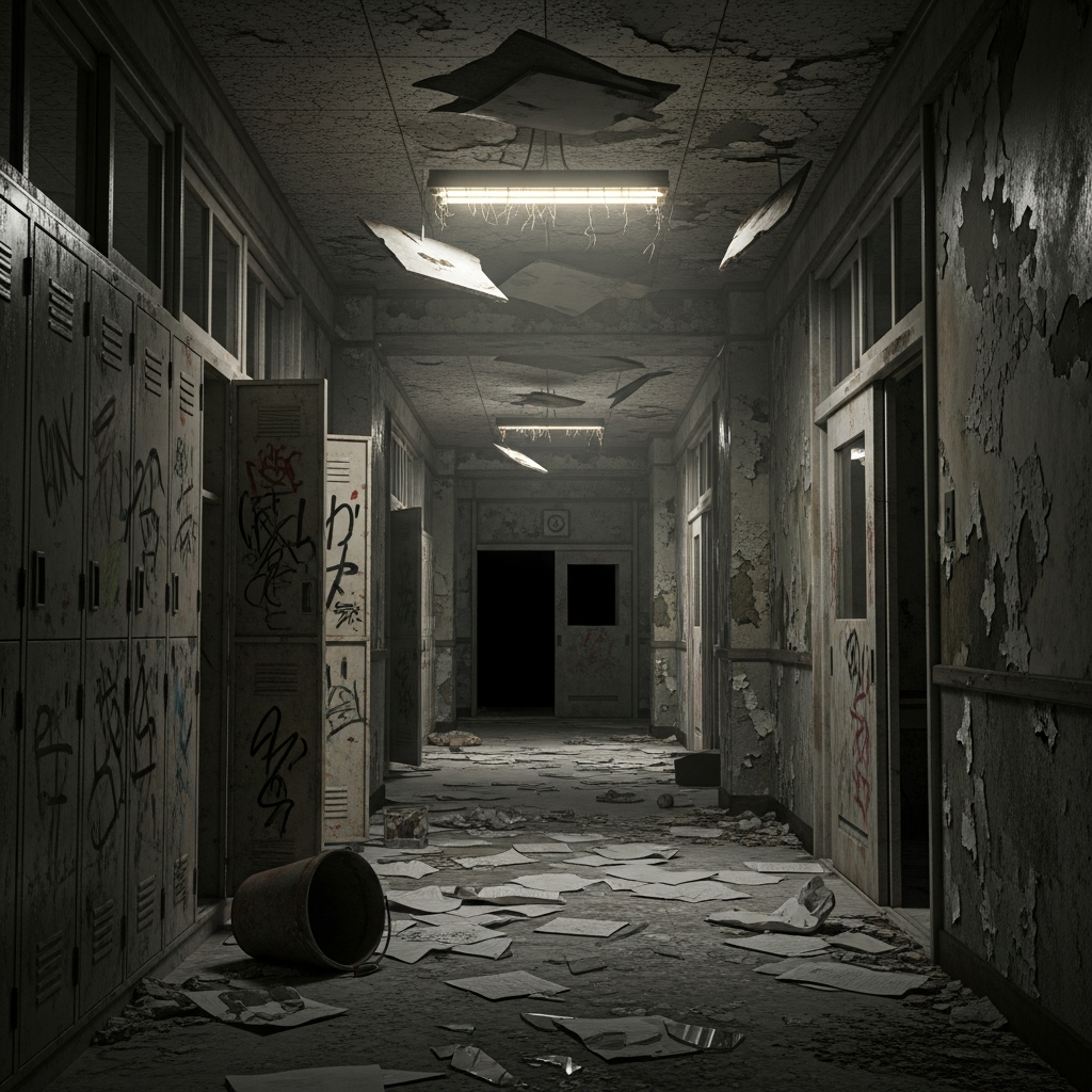 A dark, hyper-realistic rendering of a narrow, abandoned Japanese high school hallway. The scene is lit by a single flickering fluorescent light, casting long, deep shadows, creating a high sense of psychological dread.