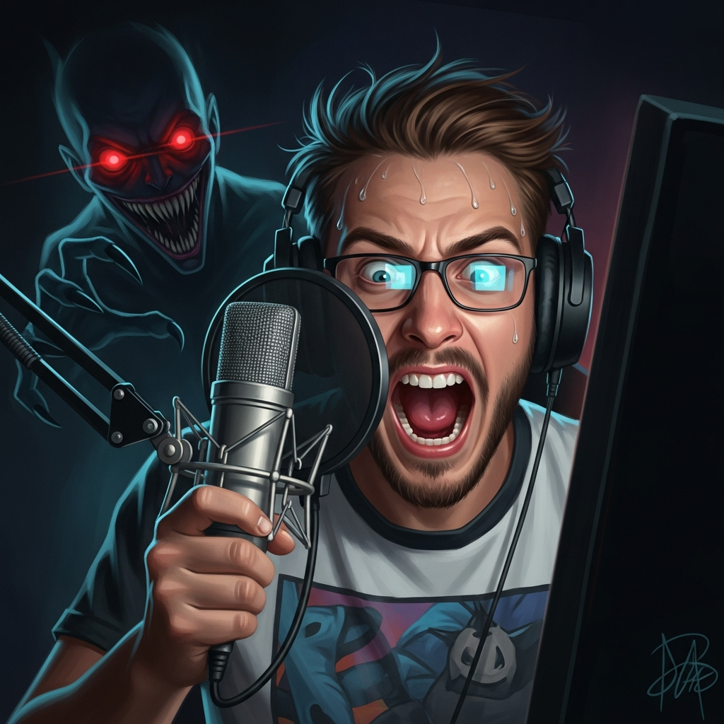 A comedic and intense digital painting of a male gamer, wide-eyed and screaming into a microphone, with a distorted figure or jump scare entity subtly lurking in the background. High contrast, capturing the blend of fear and humor.