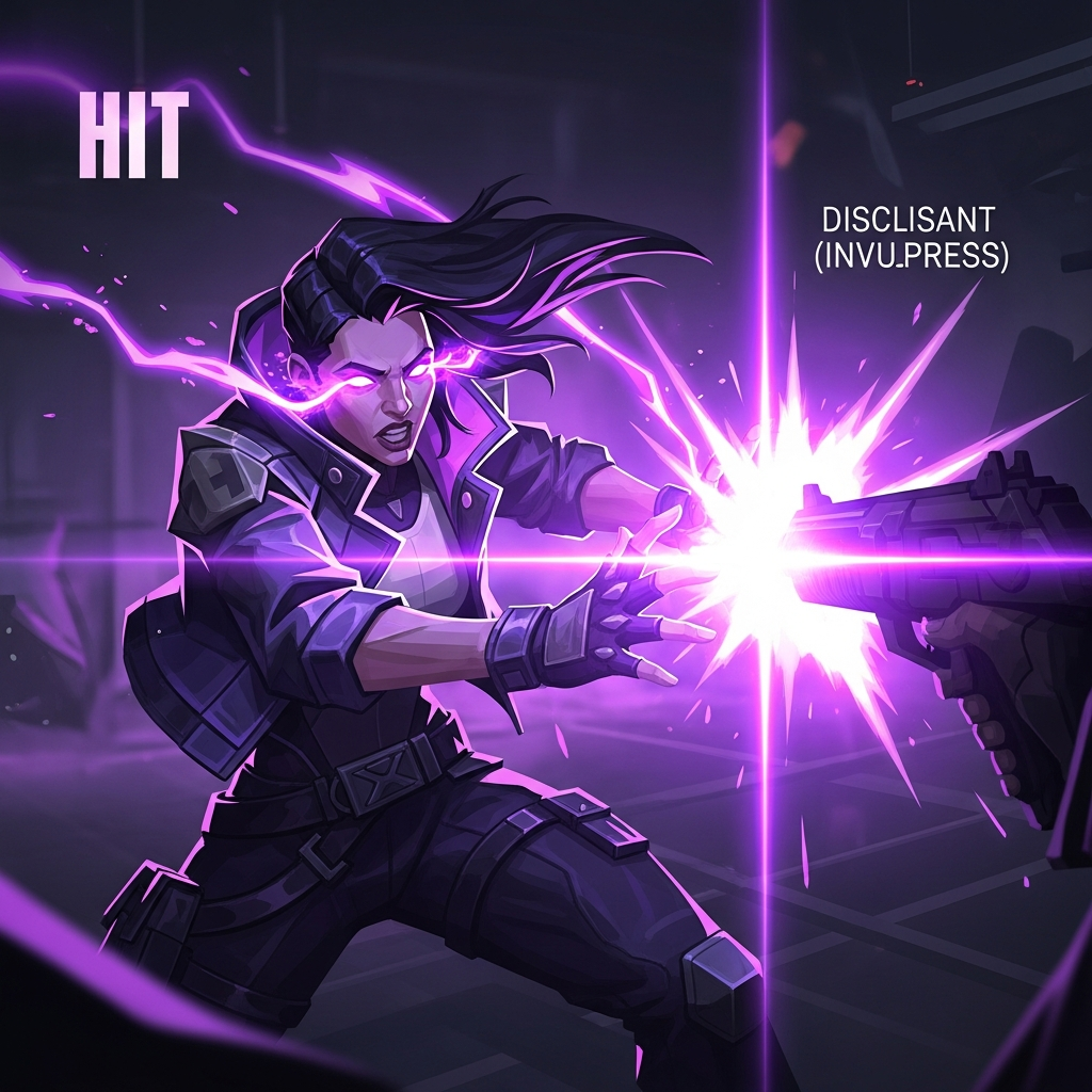 A highly dramatic and stylized digital painting of the Valorant Agent Reyna mid-fight, glowing with violet power from her ultimate ability 'Empress.' She is dismissing (invulnerable) through a muzzle flash on a dark, futuristic map, capturing a high-intensity 'Hit' moment.