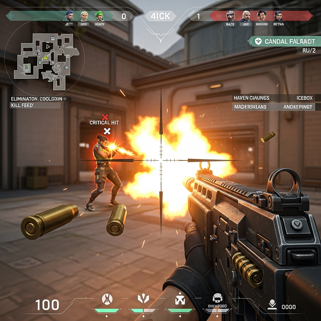 A dramatic, first-person view of a Valorant player executing a perfect flick headshot, with bright muzzle flash and dynamic game UI elements, illustrating an intense clutch moment. Cinematic lighting, high detail.