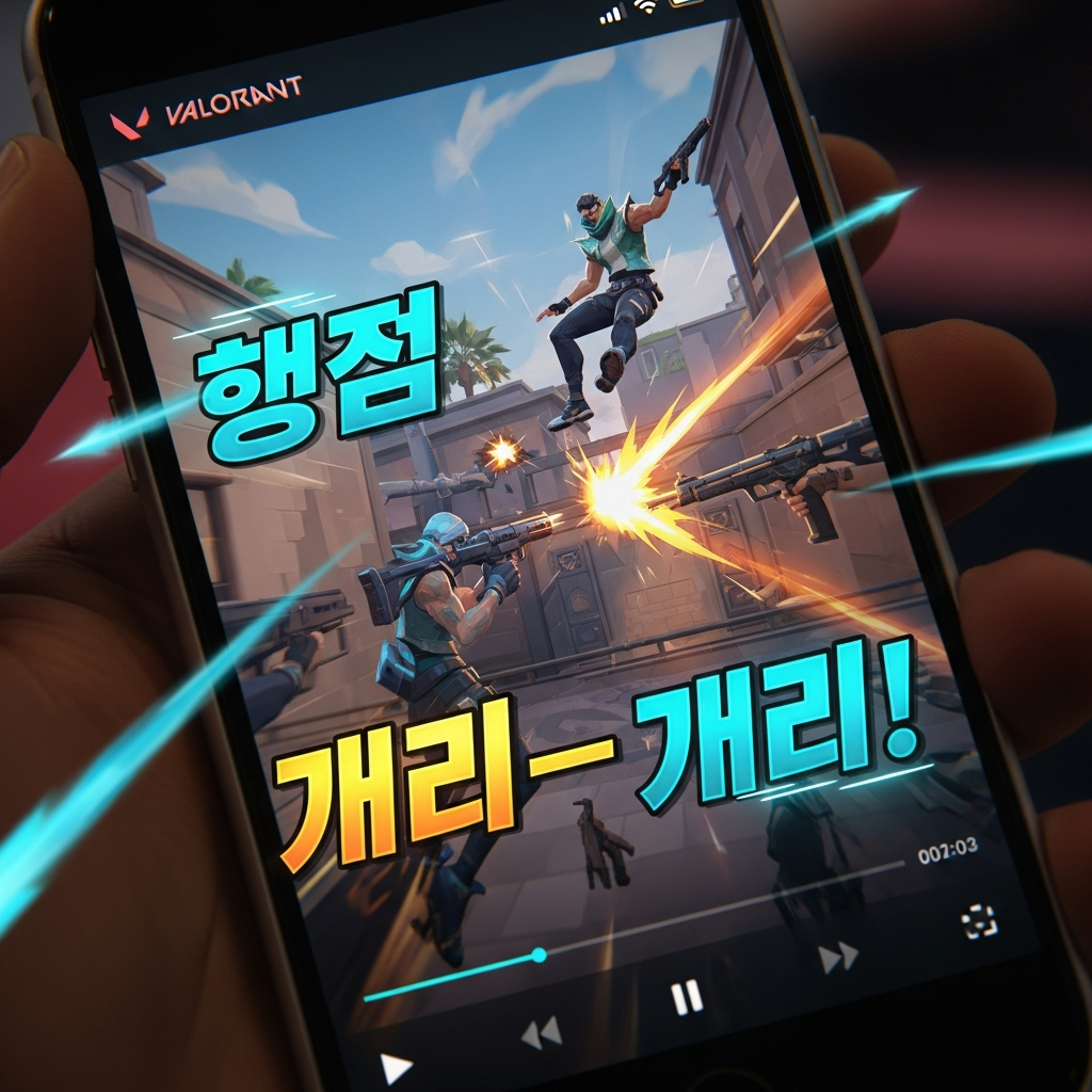 A close-up shot of a smartphone screen vertically displaying an action-packed Valorant Shorts clip, overlaid with exaggerated Korean gaming slang text and fast-paced graphic effects, emphasizing the mobile short-form content trend.