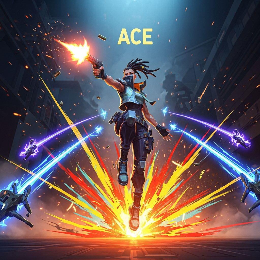 A cinematic, stylized depiction of a Valorant agent (Raze or Jett) executing a legendary 'Ace' shot, surrounded by vibrant visual effects and intense lighting.