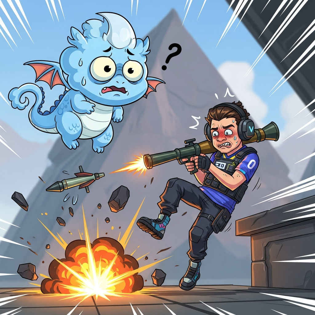 A humorous, exaggerated cartoon style depicting a small, confused cloud dragon mascot looking down at a Valorant player making an epic, but slightly embarrassing, mistake.