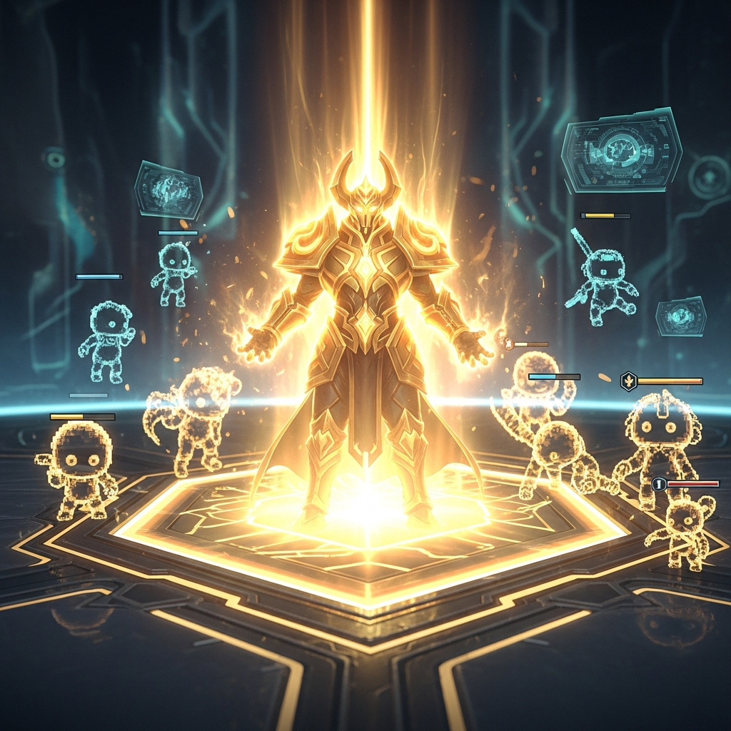 A legendary 5-cost 3-star TFT champion glowing intensely with golden light, positioned on a futuristic arena board, surrounded by defeated enemy units instantly vanishing. Digital art, high contrast.