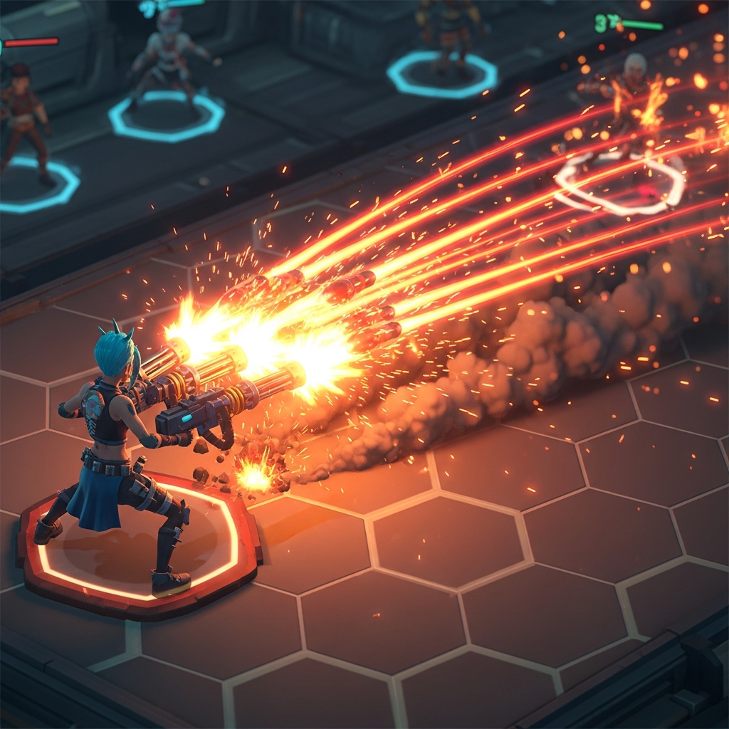 A dramatic visual of a powerful 3-star TFT unit unleashing a rapid-fire, 'Gatling gun' style energy blast across the board, the attack leaving fiery orange and red trails, highlighting extreme speed and destructive power. Isometric view.