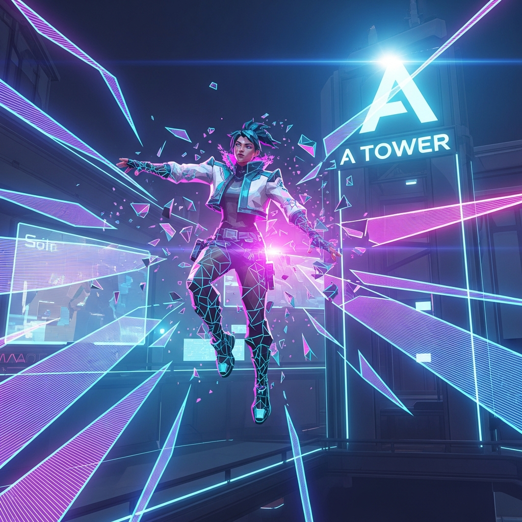 A stylized, neon-lit Valorant agent (like Jett or Phoenix) stuck mid-air, with violently shaking, distorted polygon textures radiating outward, against a futuristic, recognizable Valorant map backdrop. Cinematic, high detail.