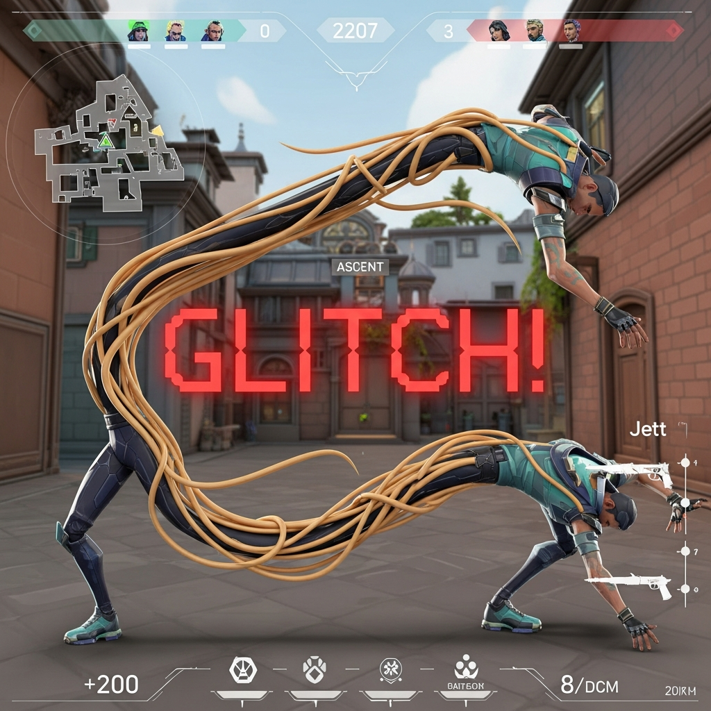 A humorous, hyper-realistic screenshot of the Valorant HUD with two agents models hilariously stretched, warped, and twisted into impossible, spaghetti-like shapes due to a physics glitch, with the word 'GLITCH!' prominently overlaid in red digital font.