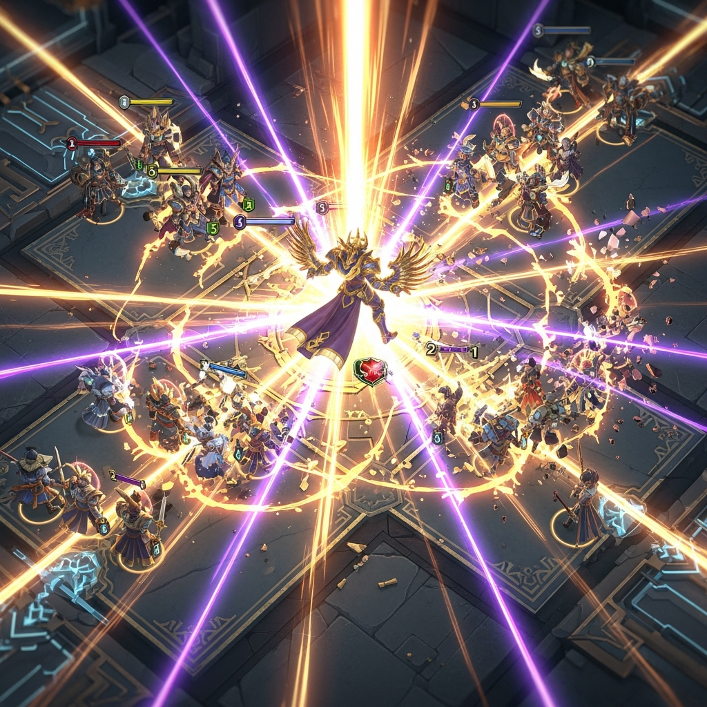 A legendary 5-cost 3-star unit in Teamfight Tactics, glowing gold and purple, executing a massive attack that obliterates the enemy board. Epic, isometric view.