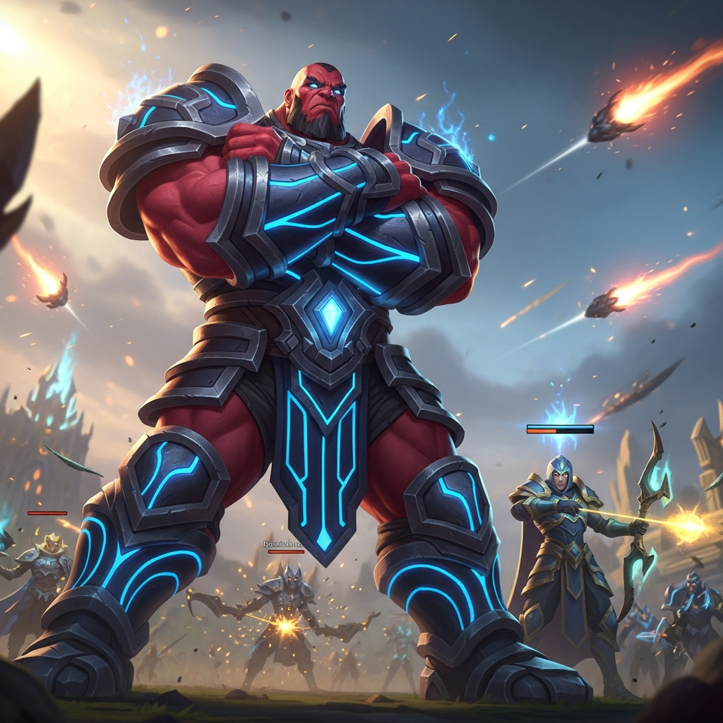 A massive, muscular TFT Brawler unit standing defensively with powerful magical armor, protecting a core backline champion in a dramatic high-stakes battle.