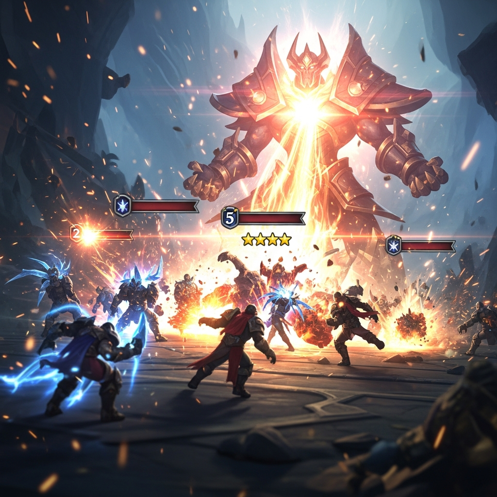 A massive, glowing 3-star 5-cost champion from Teamfight Tactics (TFT) on the battlefield, unleashing an overwhelming, magical ultimate ability that obliterates all enemy units, highly cinematic and dramatic.