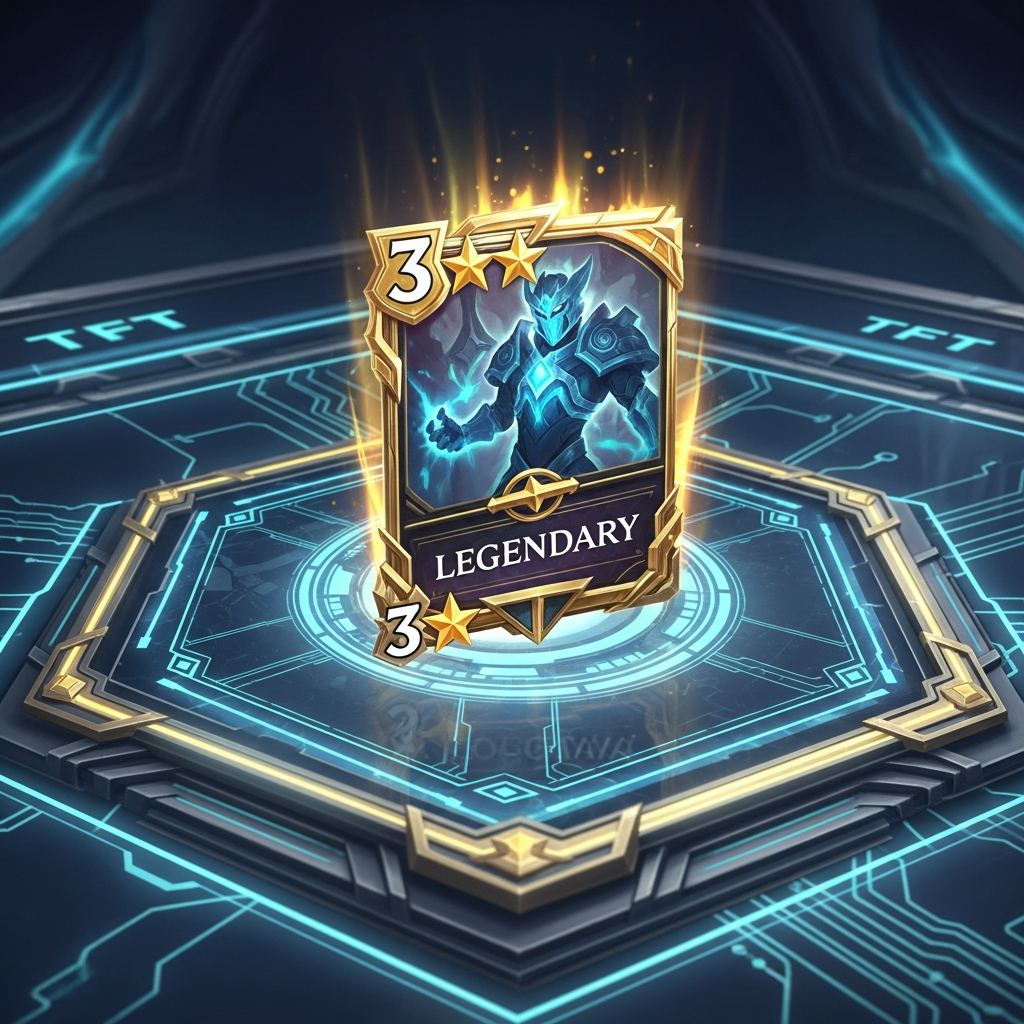 A stylized 3-star champion unit card, radiating golden, legendary energy against a high-tech, futuristic hexagonal TFT board, symbolizing ultimate rarity and power.