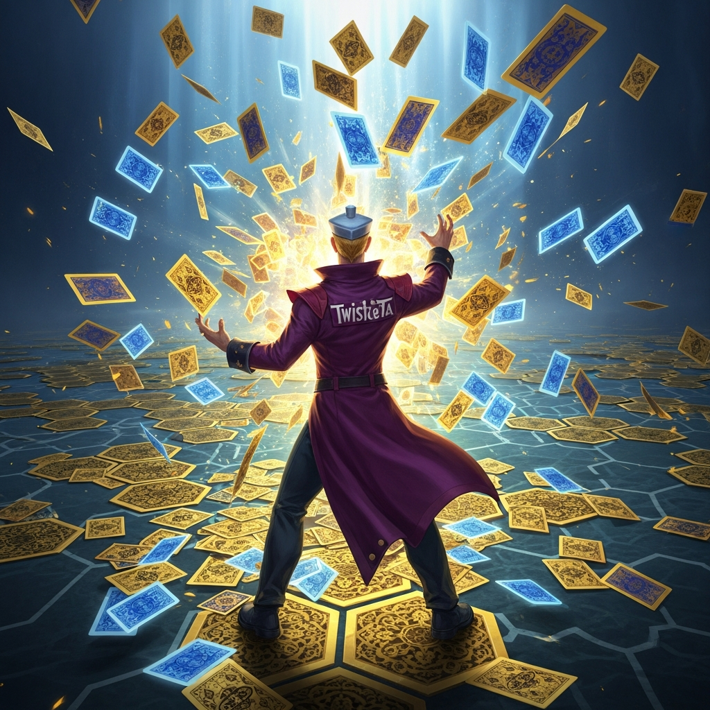 A highly detailed, dynamic digital illustration of Twisted Fate from Teamfight Tactics (TFT) casting his ultimate ability. Thousands of glowing gold and blue playing cards burst out from him, covering the hexagonal battlefield and annihilating opponents. Epic, magical lighting.