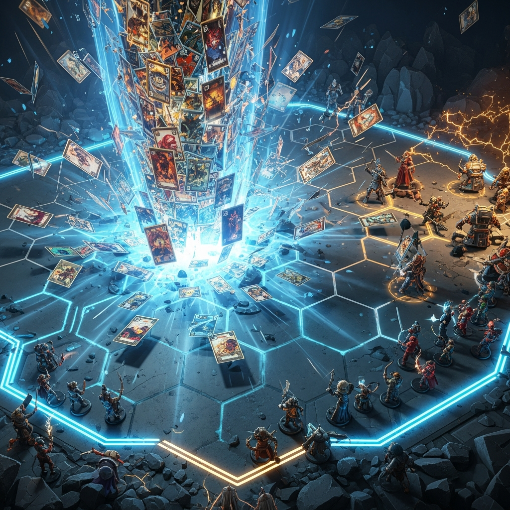 An overhead view of the hexagonal TFT battlefield at the moment of extreme destruction. One side is completely engulfed in a massive storm of rapidly moving, ethereal blue and gold playing cards, showing the instant clear of all enemy units. High fantasy, video game graphic style.