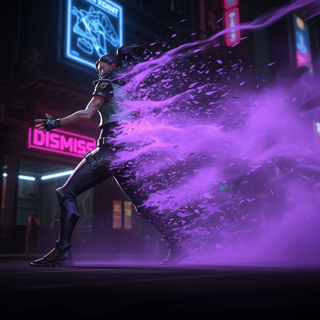 Cinematic shot of Valorant agent Reyna rapidly dissolving into purple mist (Dismiss skill) after securing a kill, high contrast, aggressive lighting, cyberpunk aesthetic.