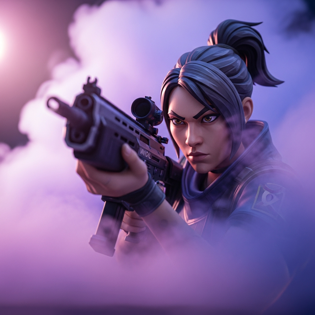 A dynamic close-up of a Reyna player aggressively pushing through smoke, holding a Vandal rifle, intense focused eyes, representing high-level competitive FPS esports action.