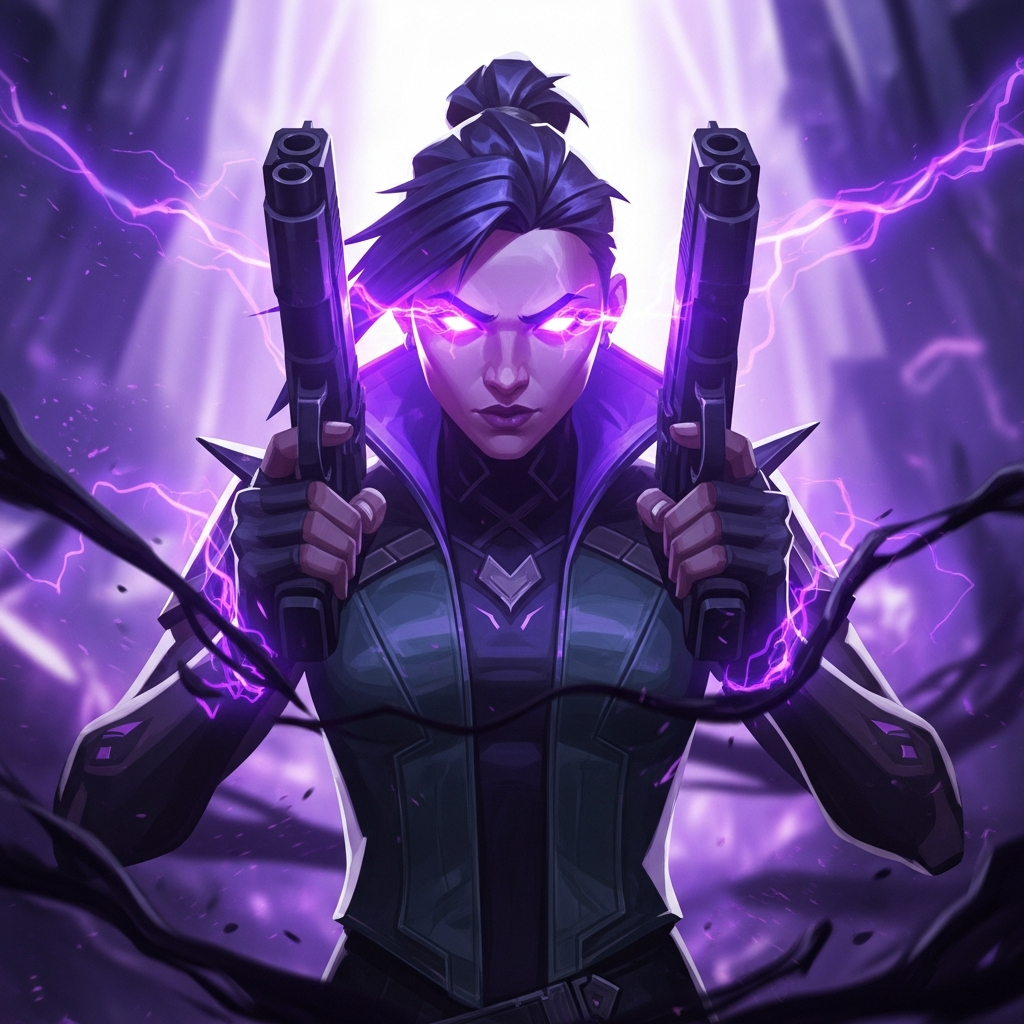 A dynamic, high-contrast close-up of Valorant agent Reyna in her Empress state, dual-wielding pistols, surrounded by powerful purple energy, mid-battle. Cinematic style.